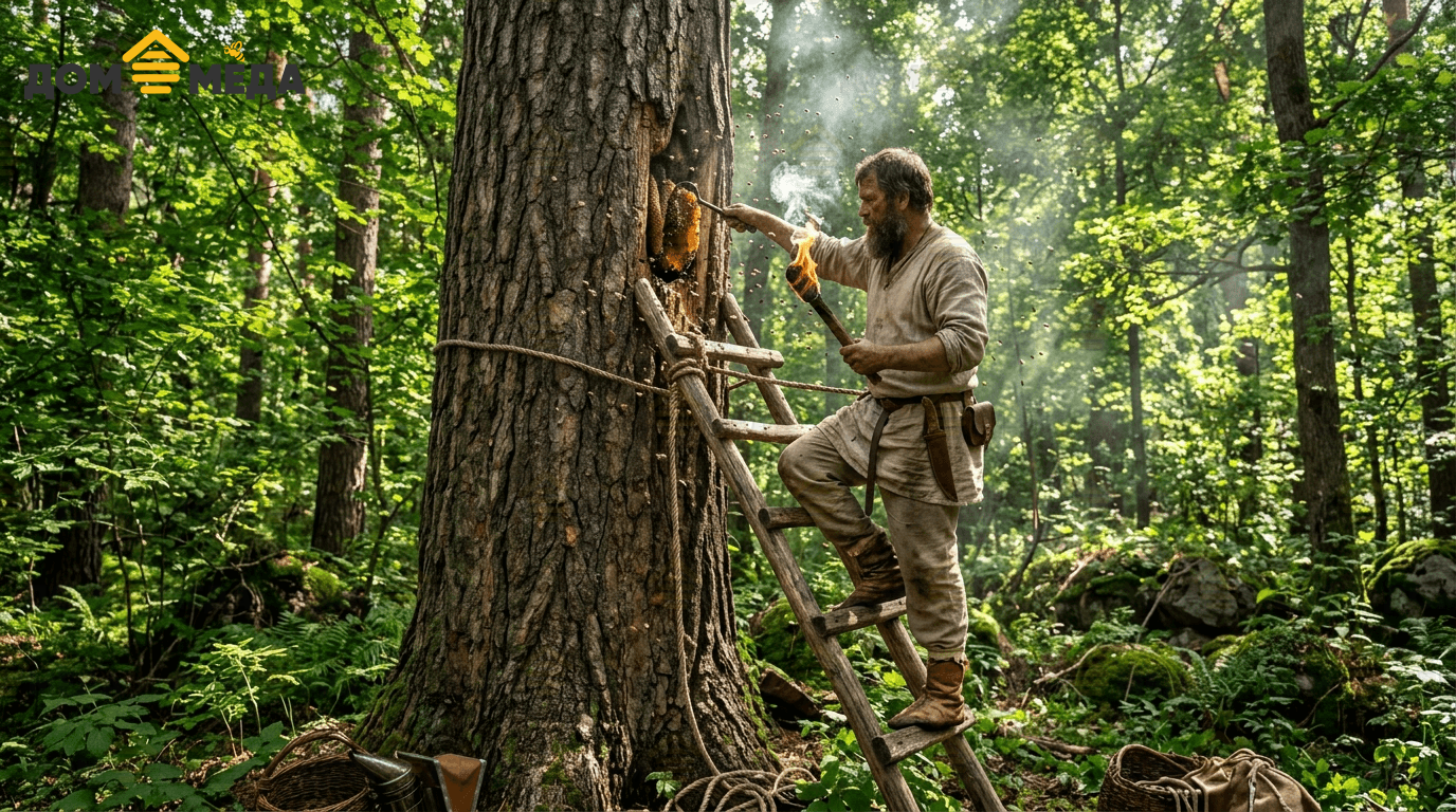 Бортничество на Руси: бортник собирает мёд в лесу. Дом Мёда