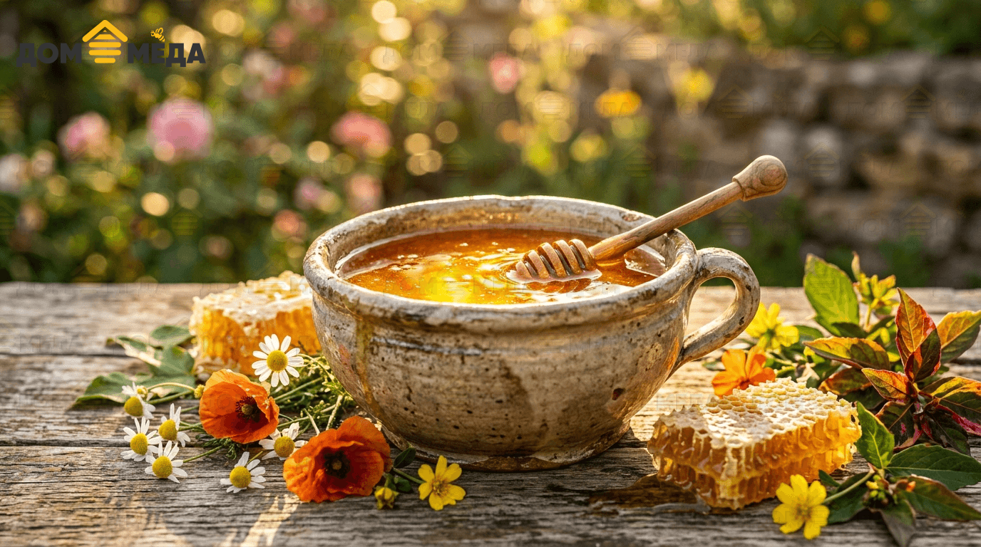 Янтарный мёд в старинном сосуде — вечный продукт природы. Дом Мёда