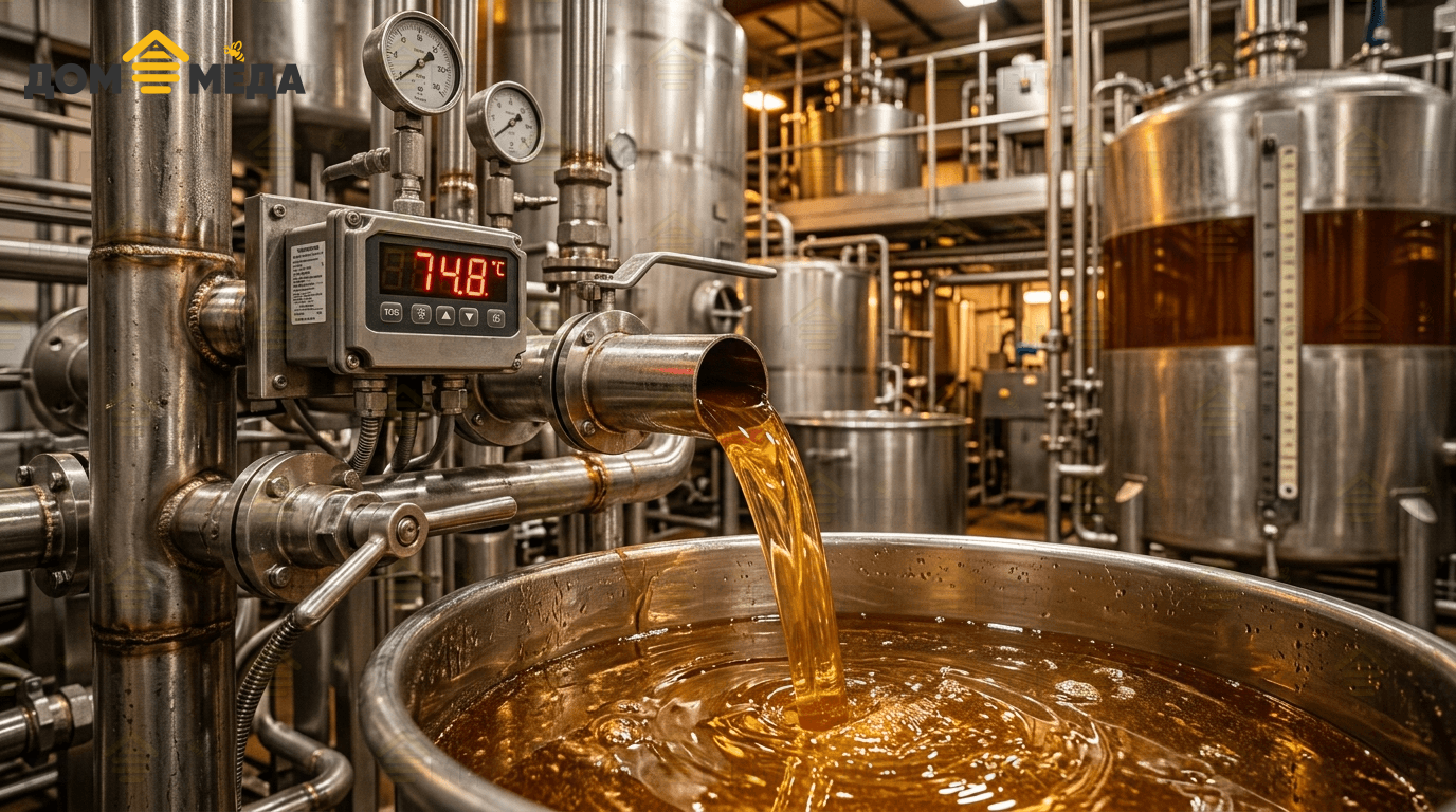 Промышленный подогрев и пастеризация мёда на заводе. Дом Мёда