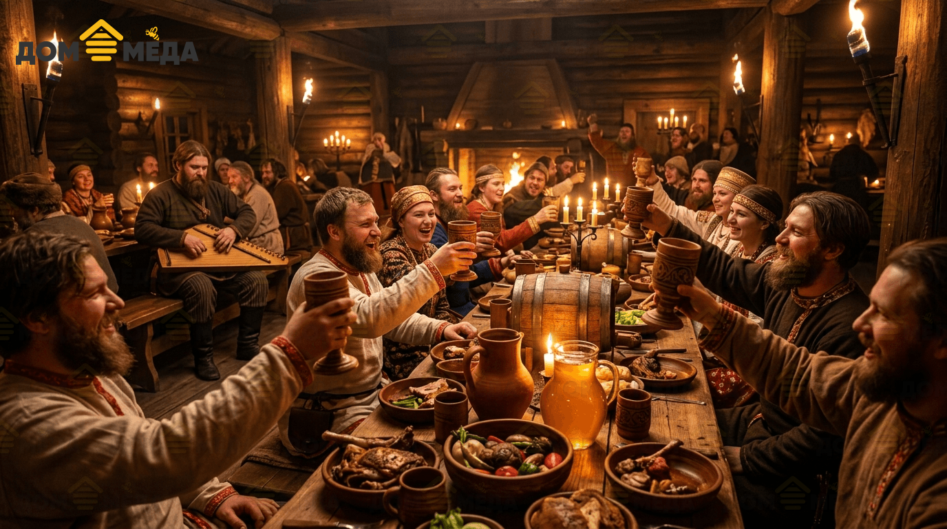 Средневековый пир на Руси с медовухой и мёдом на столе. Дом Мёда