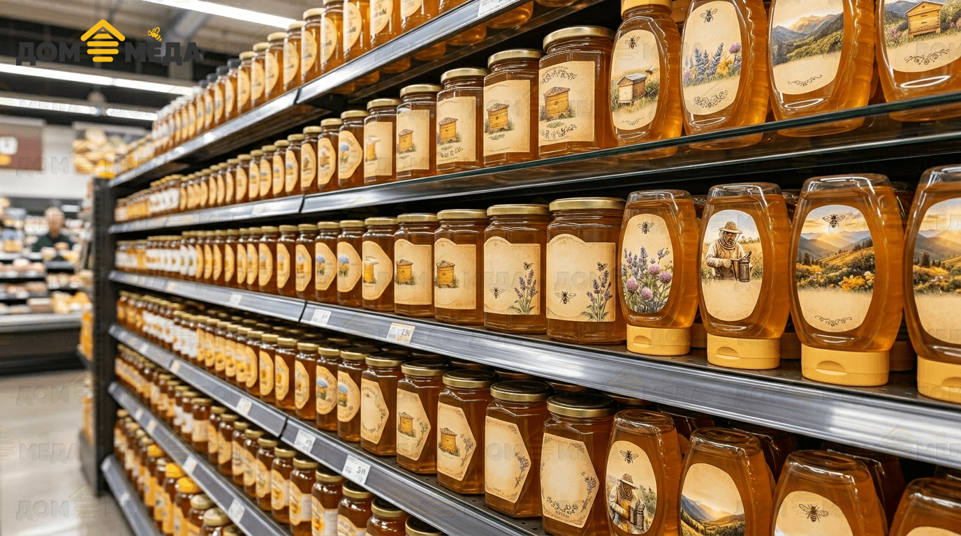 Полка супермаркета с «натуральным» мёдом: красивая иллюзия. Дом Мёда
