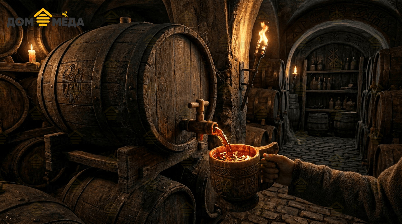 Ставленый мёд в дубовых бочках долгой выдержки в погребе. Дом Мёда