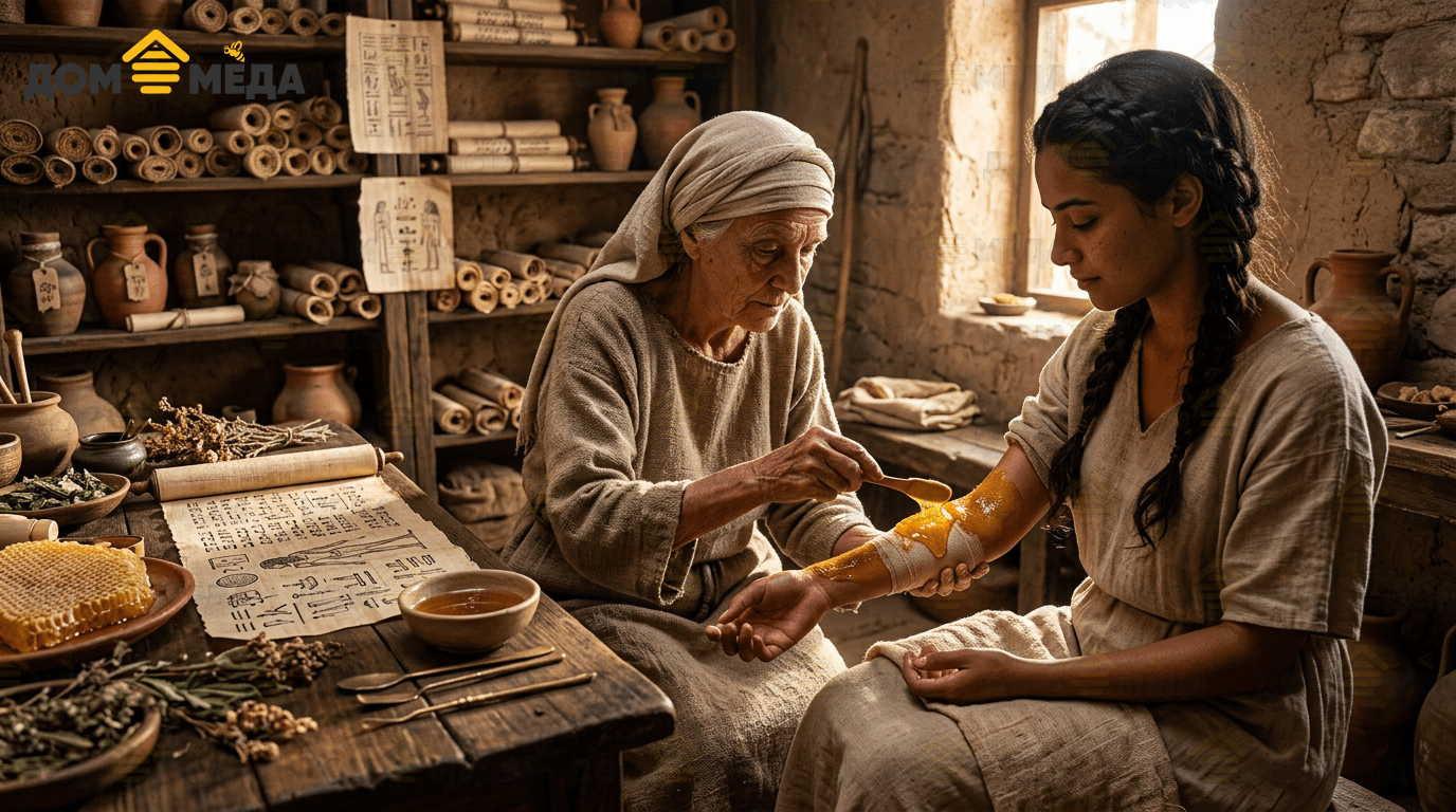 Древний целитель лечит рану сырым мёдом как природным лекарством. Дом Мёда