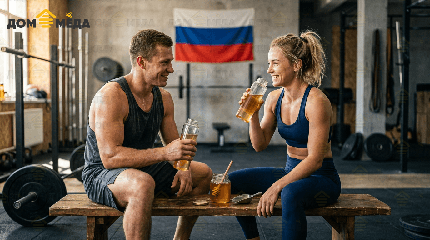 Спортсмены с водой и мёдом перед тренировкой для мягкой энергии. Дом Мёда