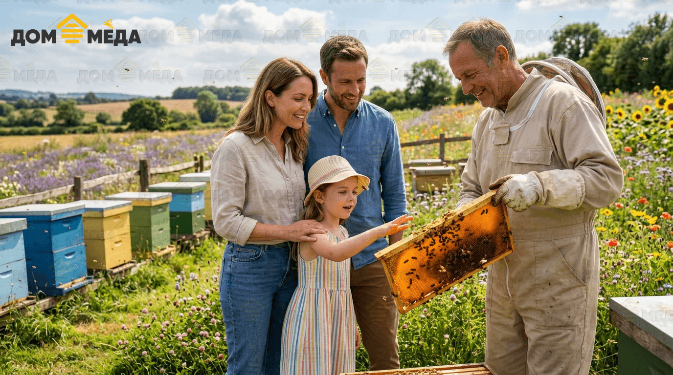Семья на пасеке: живое доверие к пчеловоду и его мёду. Дом Мёда