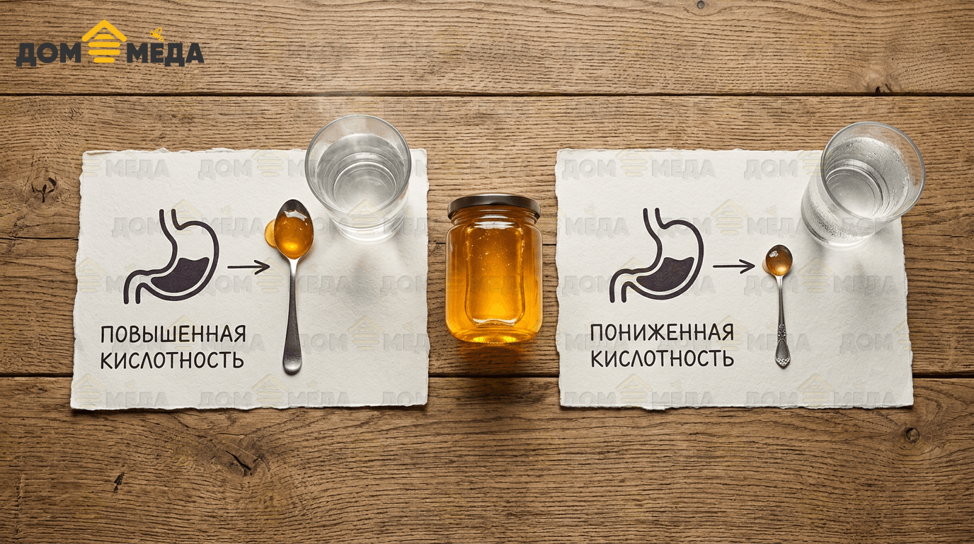 Схема приёма мёда при разном уровне кислотности желудка. Дом Мёда