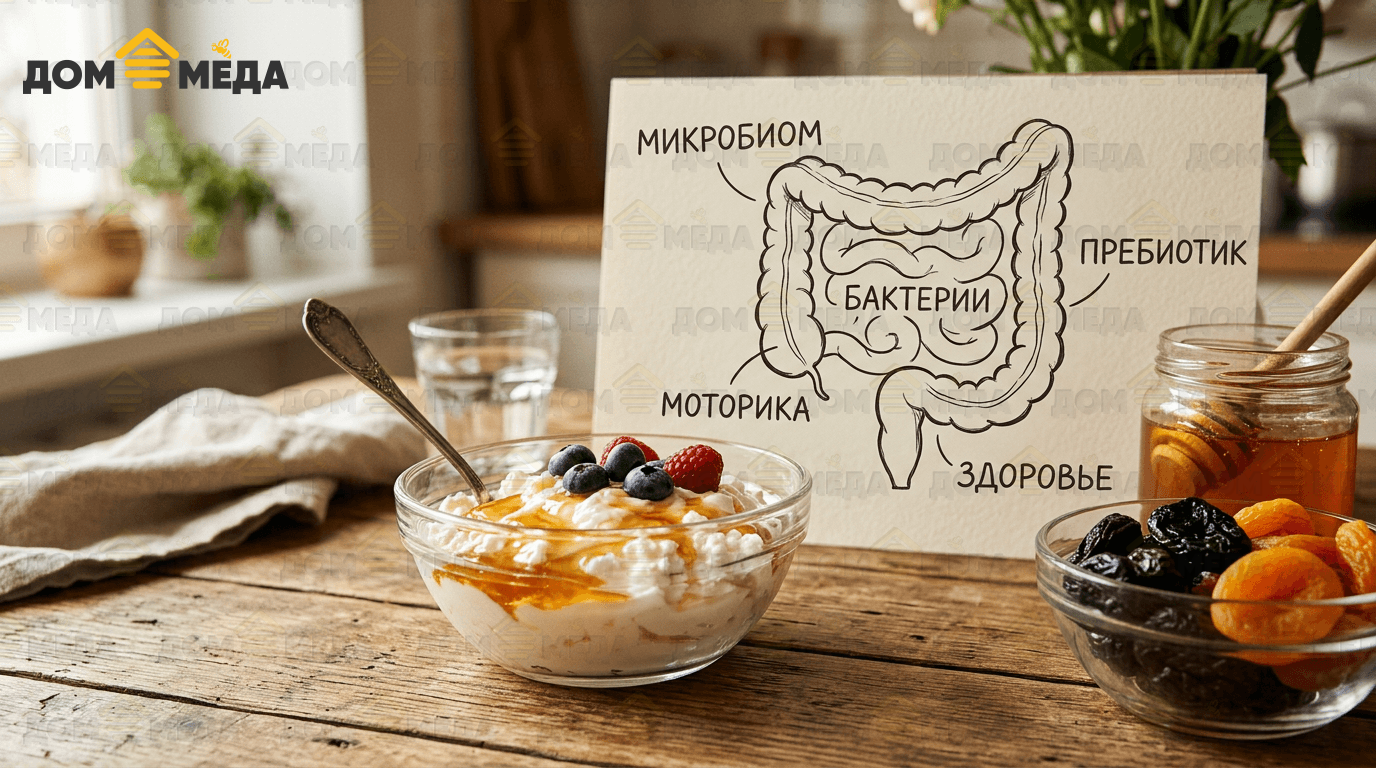 Мёд с кисломолочными продуктами и сухофруктами для микробиома и моторики кишечника. Дом Мёда