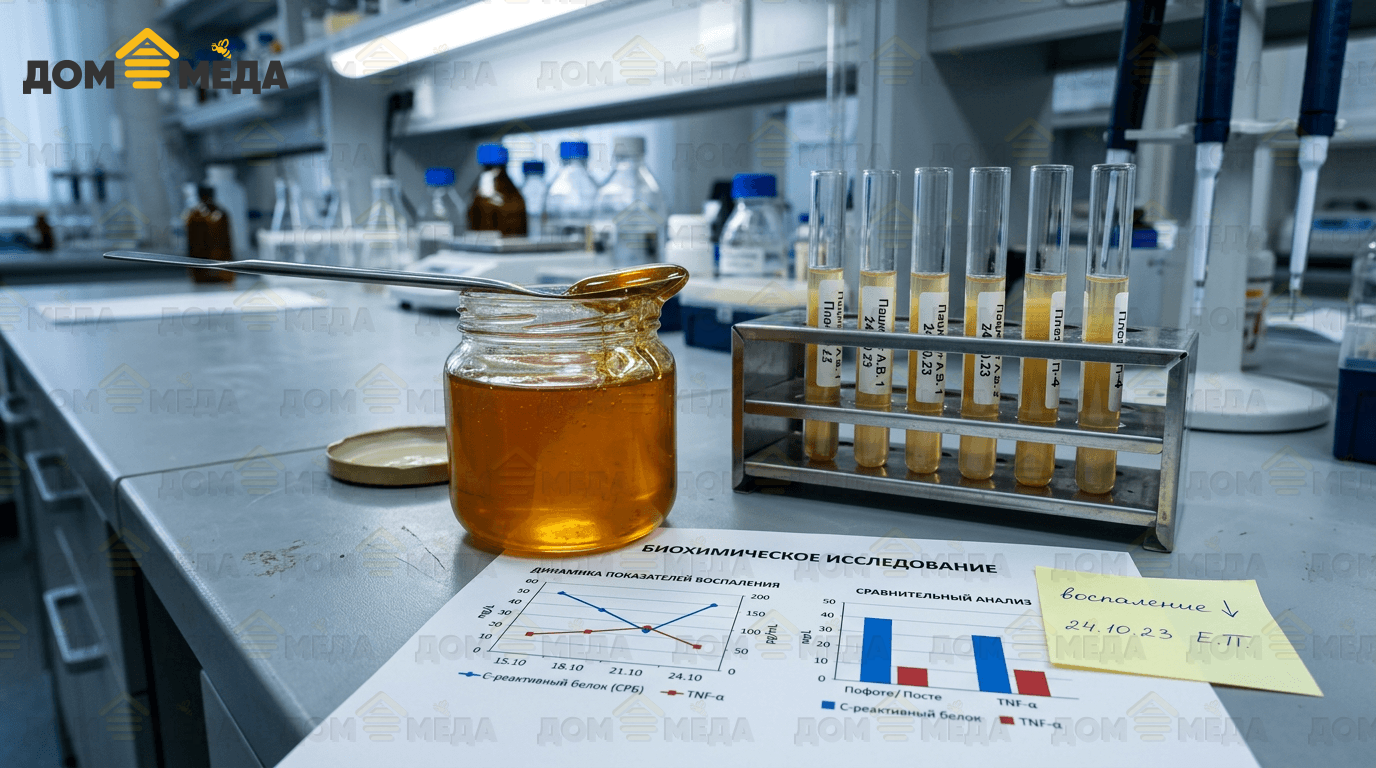 Мёд рядом с лабораторными пробами и отчётом по маркерам воспаления. Дом Мёда