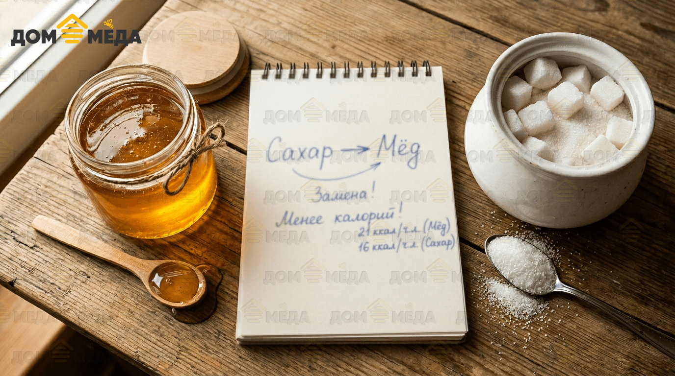 Замена сахара мёдом при контроле веса: меньше объём, больше пользы. Дом Мёда