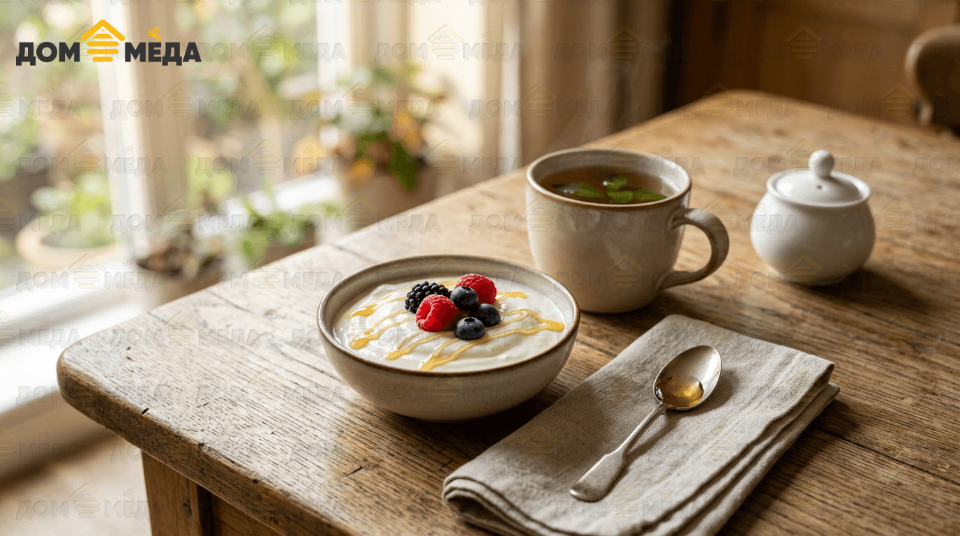 Лёгкий завтрак: йогурт с небольшим количеством мёда вместо сахара. Дом Мёда