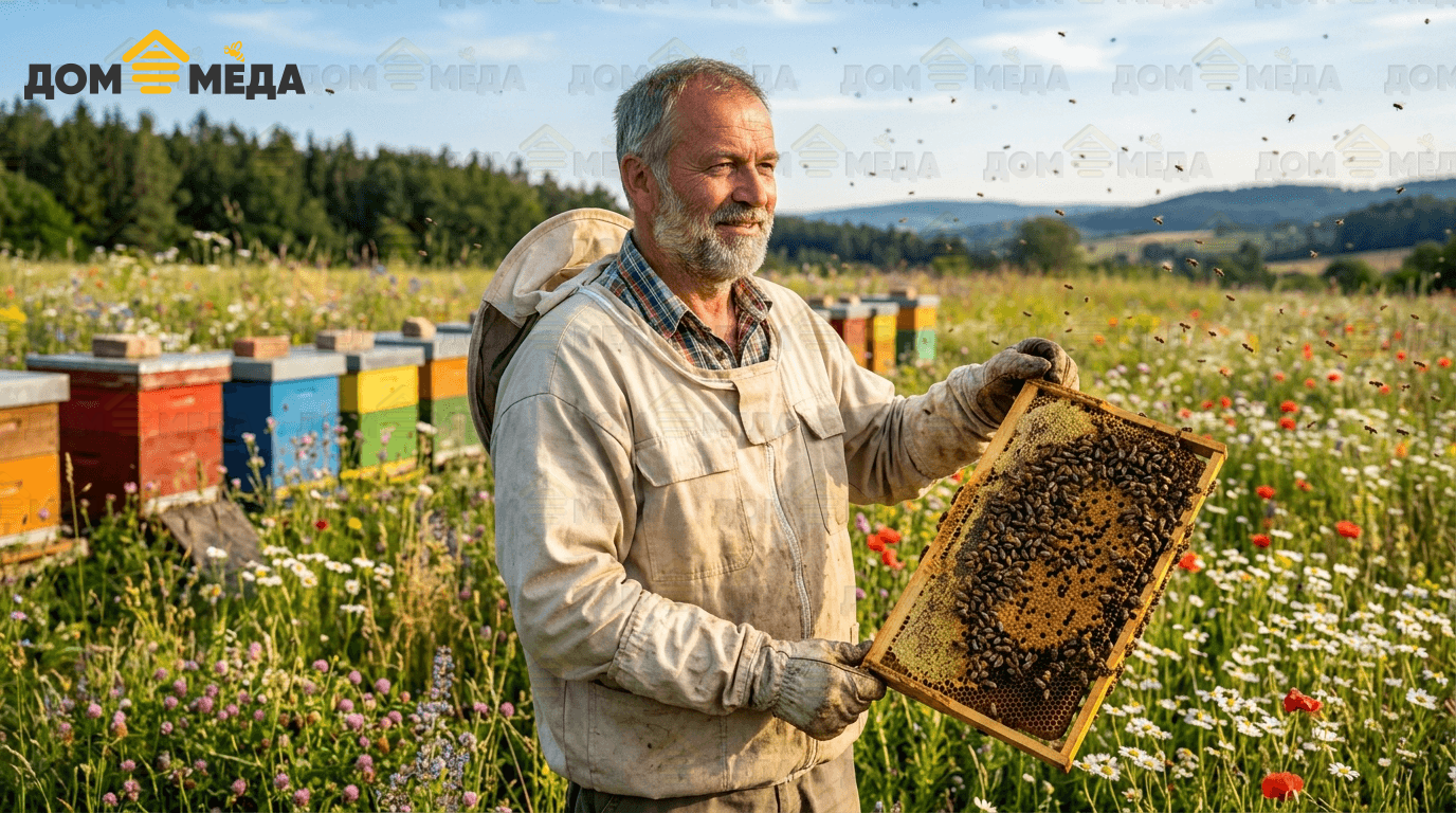 Пчеловод у ульев как символ уважаемой и доверенной профессии. Дом Мёда